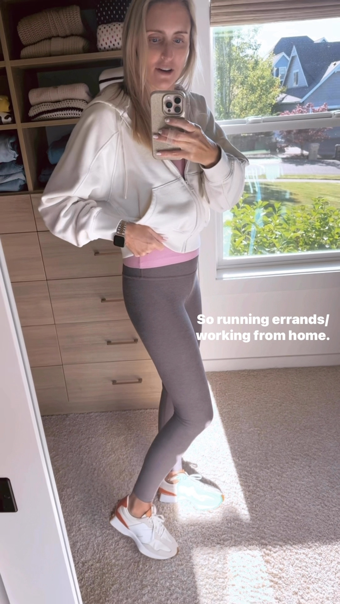 Mom workout clothes, loungewear, Beyond Yoga, leggings, sneakers. 5’8” size 27/small wearing size small in all 3 items. Sweatshirt is more of a creamy white compared to website photo. 

#LTKOver40 #LTKFindsUnder100 #LTKSummerEdit