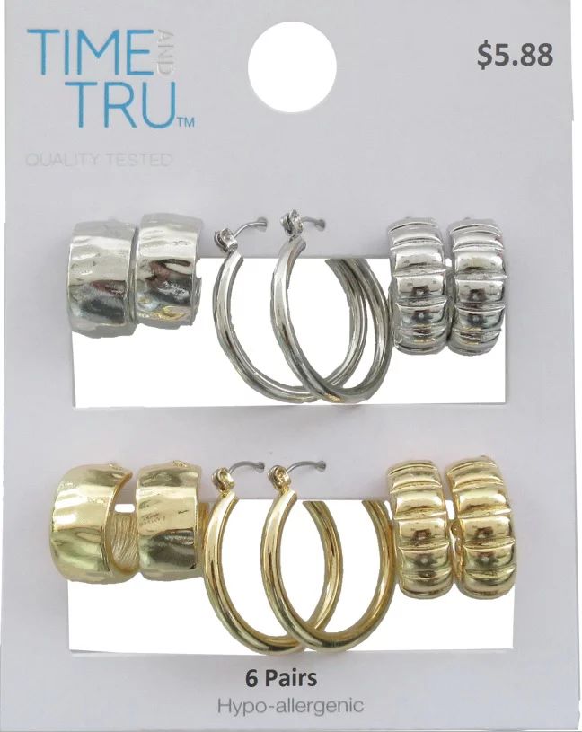 Time and Tru Two Tone 6 Pack Two Tone Textured and Smooth Hoops Earring Set For Women | Walmart (US)