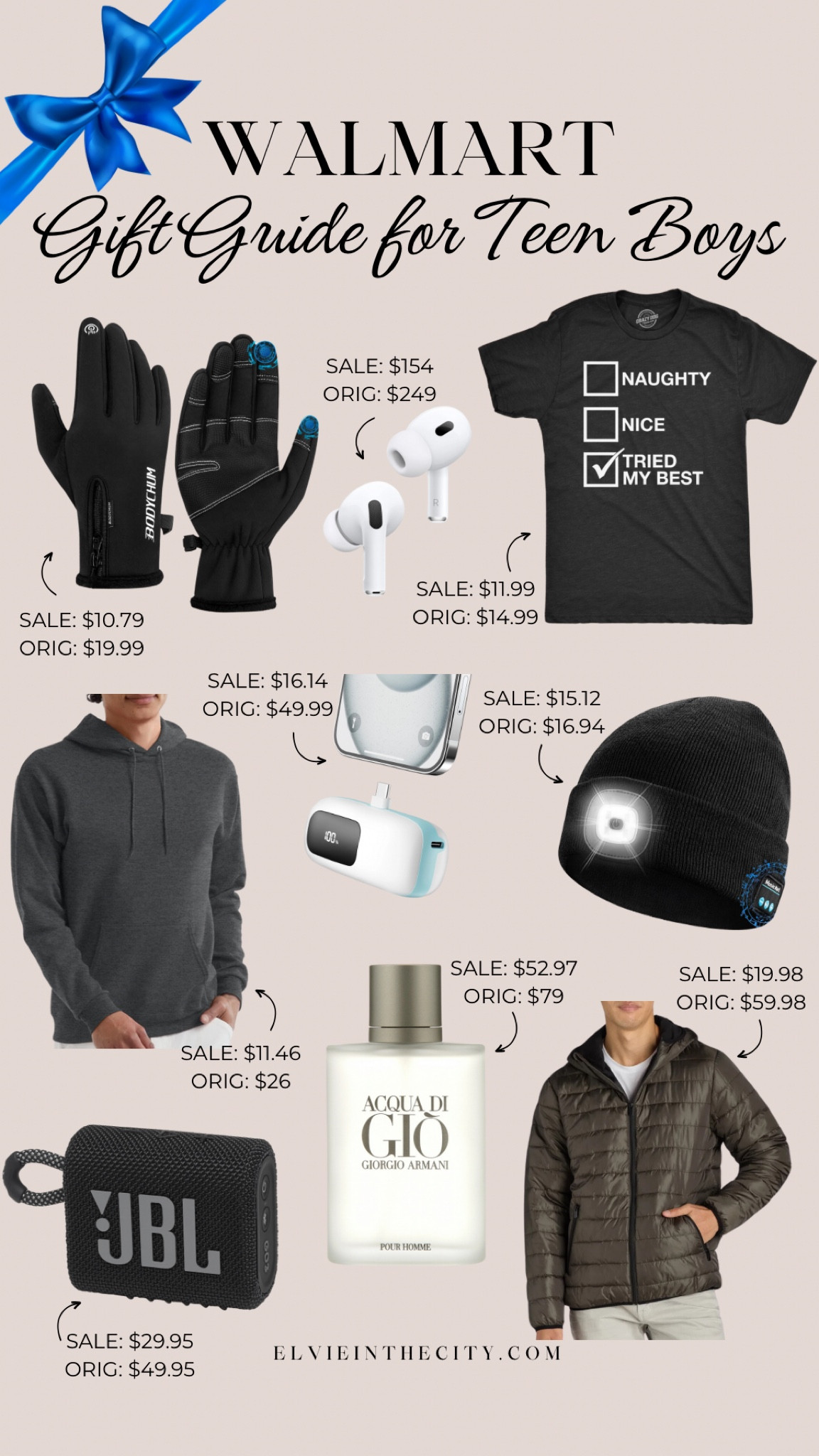 Walmart gift guide for teen boys includes winter sports gloves, AirPods, a t-shirt, a hoodie, portable charger, a lighted beanie, a JBL Bluetooth speaker, Giorgio Armani cologne, and a quilted puffer jacket.

#walmartpartner
@walmart
#walmartgifts

Gifts for boys, gifts for men, gifts for him, gift guide, gifts under 100, gifts under 50#LTKCyberWeek

#LTKSaleAlert #LTKGiftGuide