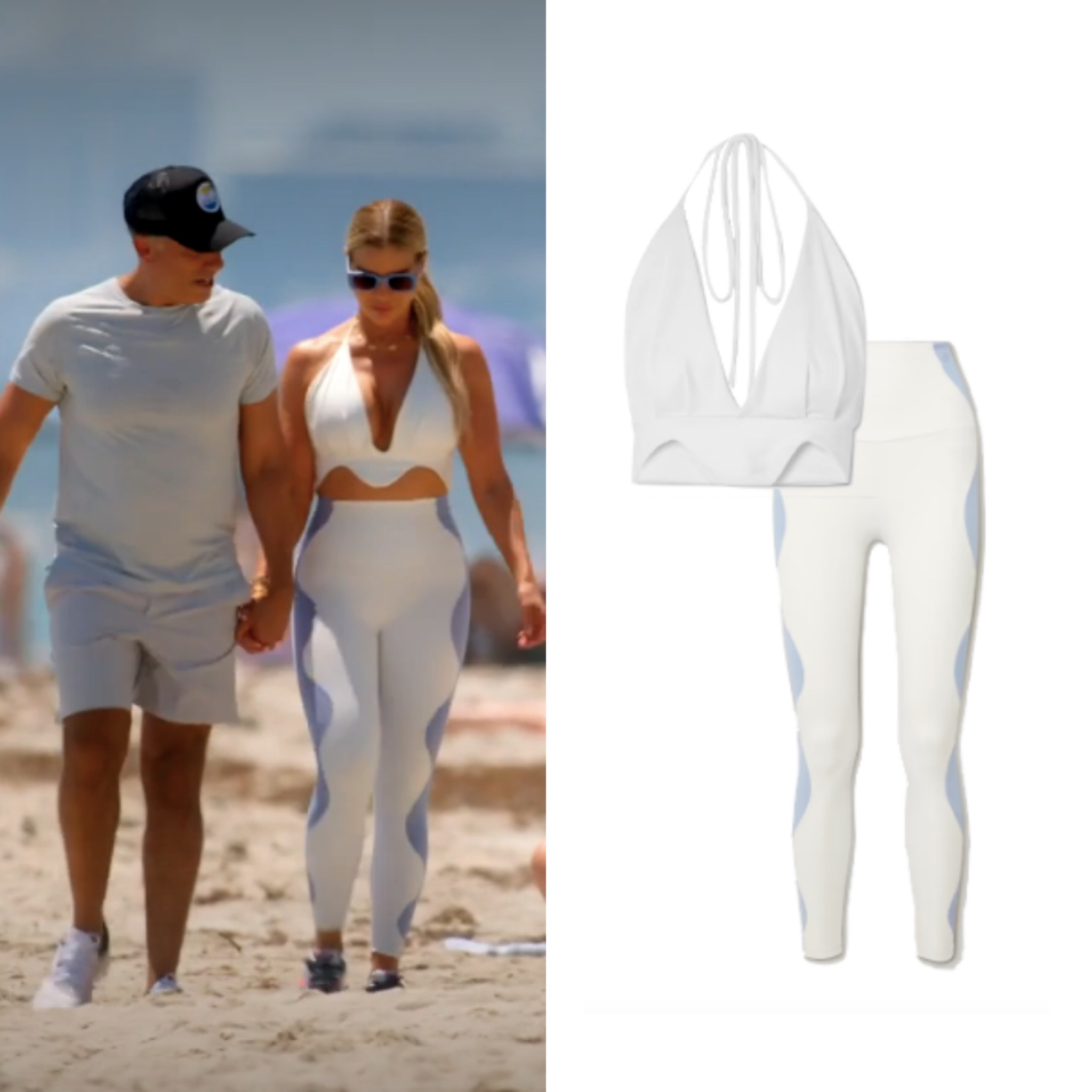 Get details on Alexia Echevarria’s White and Light Blue Wave Print Workout Leggings and Cropped Halter Top
