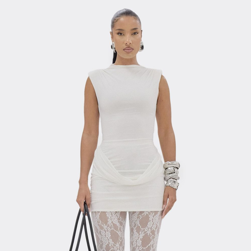 High Neck Shoulder Pad Draped Front Mini Dress In White | EGO (UK)