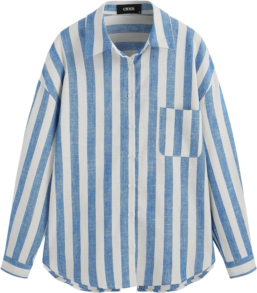 CIDER Santorini Beach Vacation Linen-Blend Collar Striped Pocket Long Sleeve Shirt: Blue, S at Am... | Amazon (US)