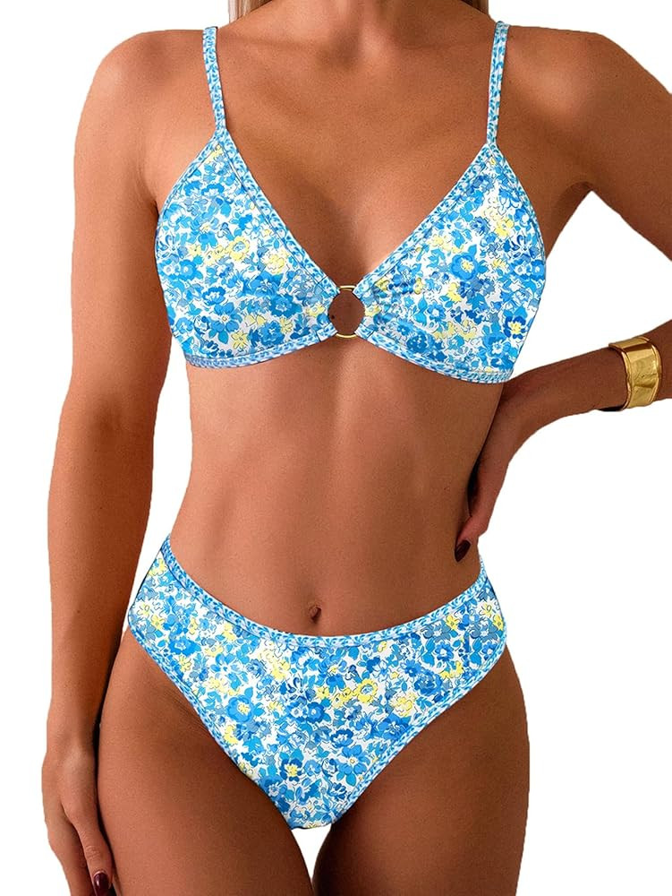 Tainehs Women's Two Piece Bikini Sets O Ring Front Top Ditsy Floral Triangle Swimsuits Cheeky Bat... | Amazon (US)