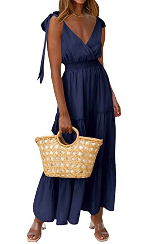 PRETTYGARDEN Women's Cross Neck Summer Sleeveless Tiered Maxi Dress Beach Tie Strap Smocked Long Dresses Pleated Sundress (Navy,Medium) | Amazon (US)