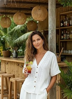 Womens V Neck Lace Crochet Blouse Short Sleeve Button Down Boho Peasant Shirt Casual Summer Flowy... | Amazon (US)