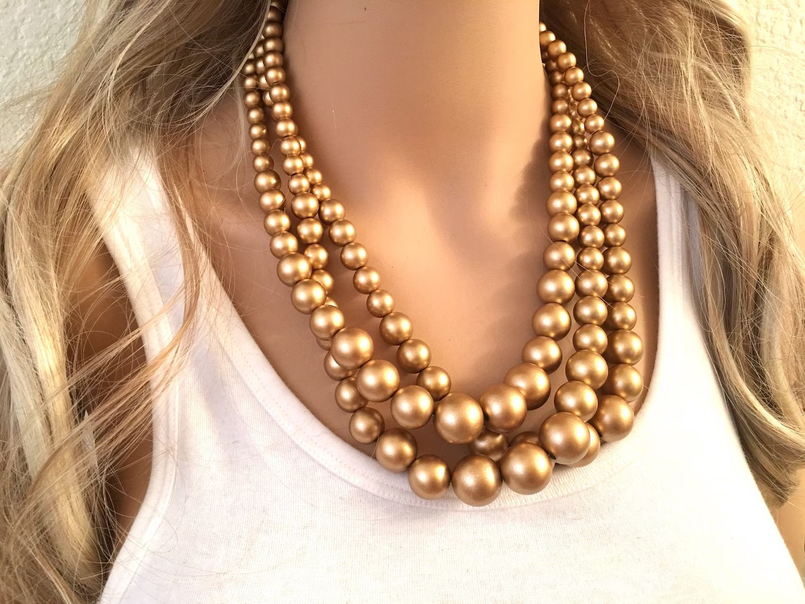Three Strand Gold chunky statement necklace, big beaded jewelry, gifts for women, bib jewelry Mul... | Etsy (AU)