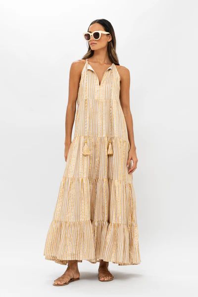 Long Tiered Tassel Dress- Samoa Tan Gold | Oliphant Design