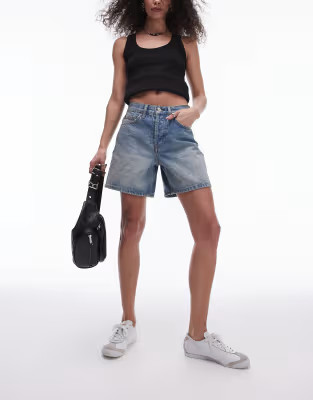 Topshop denim Editor shorts with tint in mid blue | ASOS (Global)
