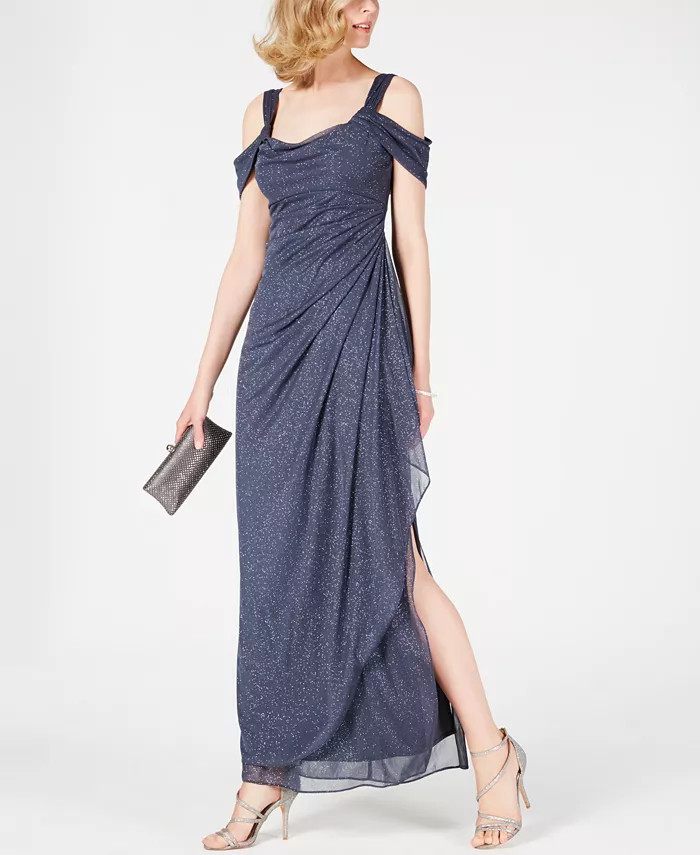 Alex Evenings Petite Cold-Shoulder Draped Metallic Gown - Macy's | Macy's