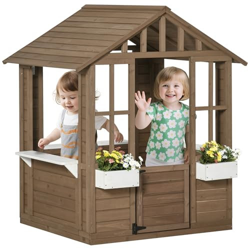 Outsunny Kids Wooden Playhouse, Outdoor Garden Games Cottage, with Working Door, Windows, Flowers Pot Holder, 47" x 38" x 54" | Amazon (US)
