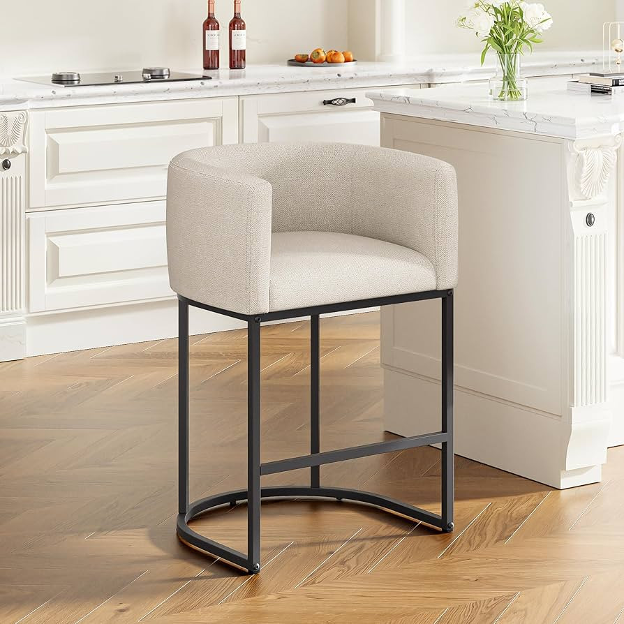 26" H Counter Height Bar Stools, Modern Barrel Counter Stools with Backrest and Arms, Linen Fabri... | Amazon (US)