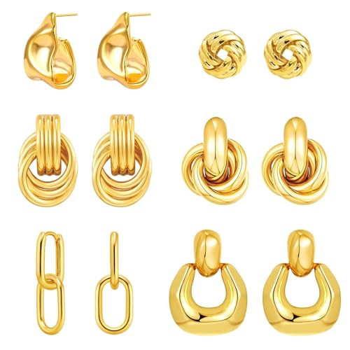 QJLE 6 Pairs Gold Dangle Earrings for Women, 14K Gold Plated Earrings Geometric Knot Drop Huggie Earrings Trendy Jewelry Gifts | Amazon (US)