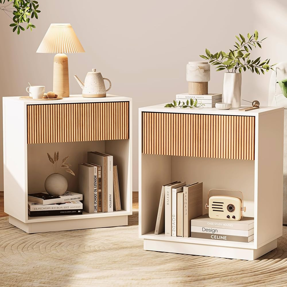 Fluted Nightstands Set of 2, Modern Bedside Table with Drawer and Storage Shelf, Wood End Table M... | Amazon (US)