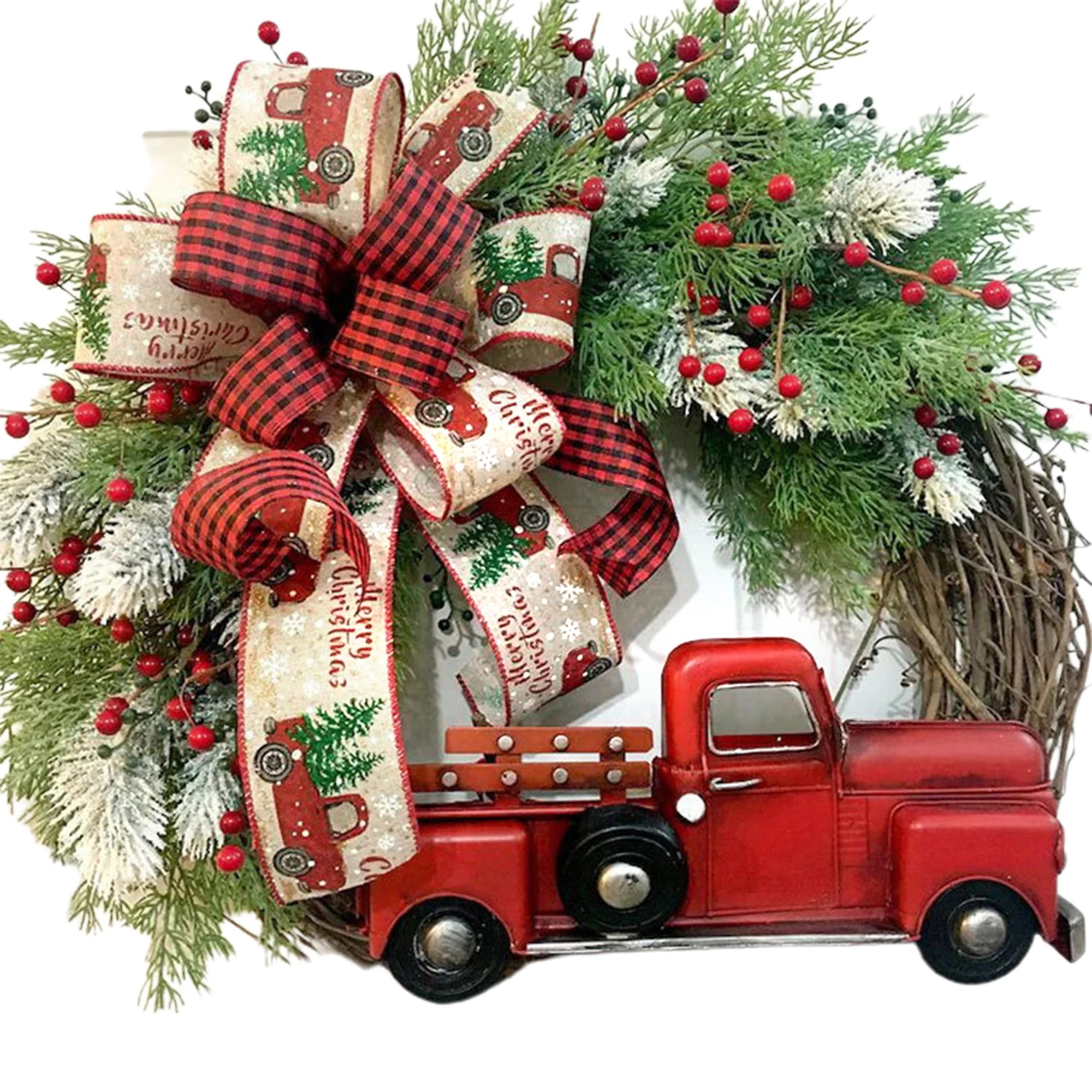Christmas Wreath with Red Truck, Vintage Farmhouse Berry Wreath Rustic Christmas Garland Fall Wre... | Walmart (US)