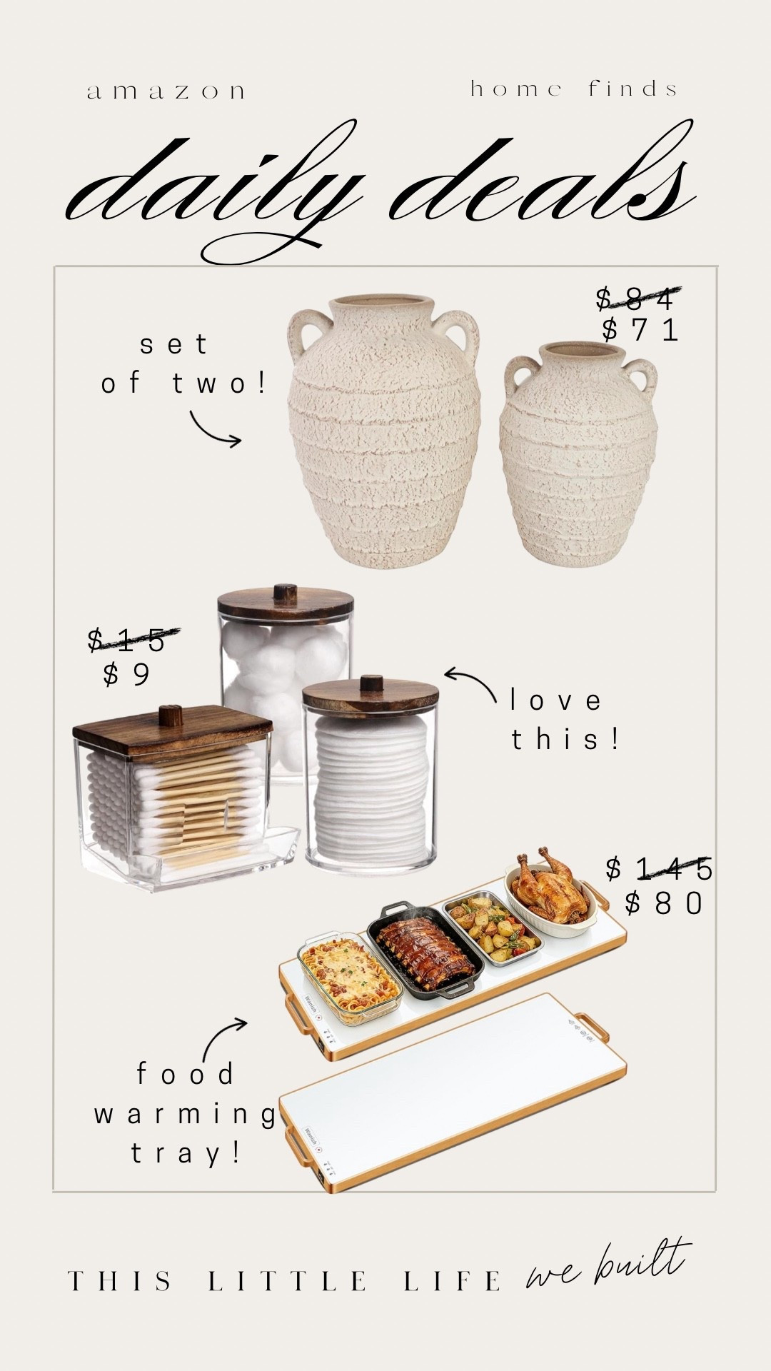 Amazon daily deals! 

Bathroom canister set, vase, food warming tray 

#LTKHome #LTKU #LTKSaleAlert