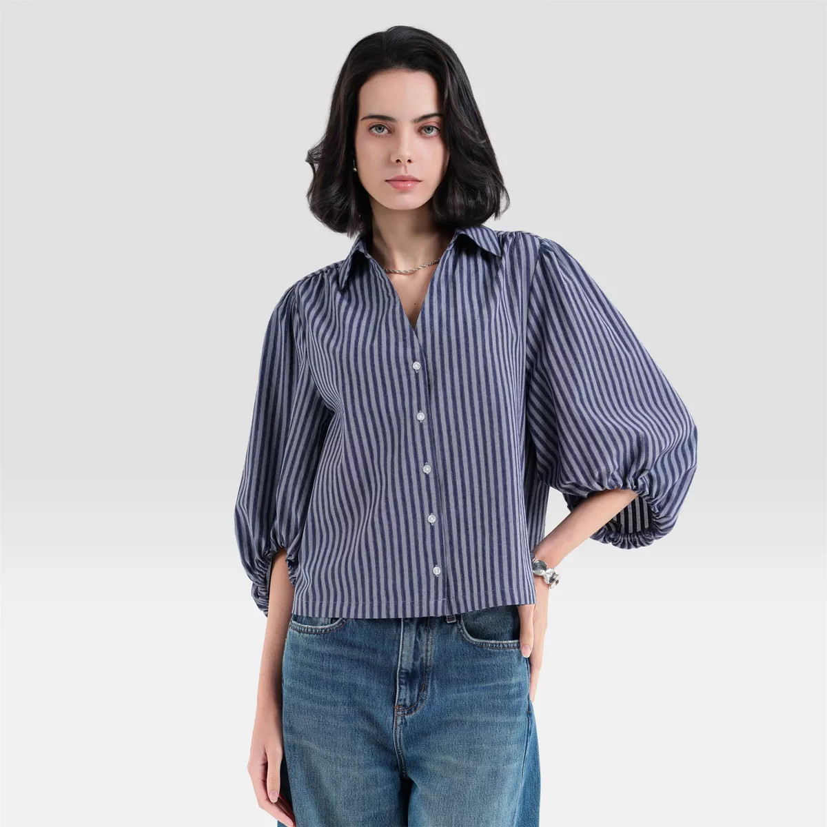 Women's Lantern Puff Elbow Sleeve Collared Neck Blouse - A New Day™ Navy Blue Striped XS | Target