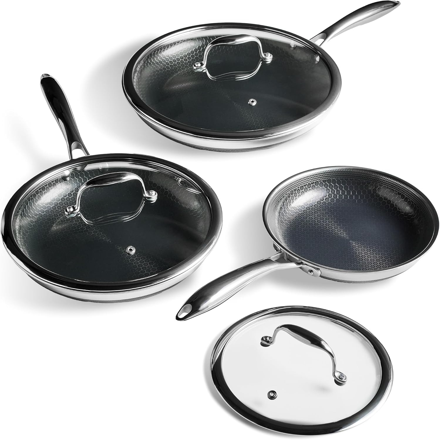 HexClad Hybrid Nonstick 6-Piece Fry Pan Set, 8, 10 and 12-Inch Frying Pans with Tempered Glass Lids, Stay-Cool Handles, Dishwasher and Oven Safe, Induction Ready, Compatible with All Cooktops | Amazon (US)