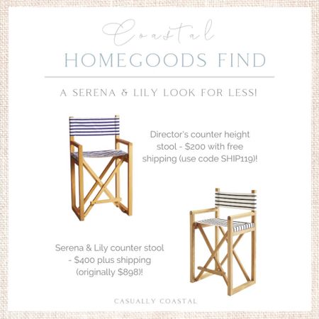 These director’s stools from HomeGoods are SO similar to Serena & Lily’s pricier Director’s Counter stool - and they are just $200 each! Use code “SHIP119” for free shipping. 
 
- coastal decor, beach house decor, beach decor, beach style, coastal home, coastal home decor, coastal decorating, coastal interiors, coastal house decor, home accessories decor, coastal accessories, beach style, neutral home decor, neutral home, natural home decor, serena & lily dupe, homegoods home, designer look for less, designer dupe, striped stools, blue and white stools, coastal kitchen stools, affordable stools, Serena & lily dupe stools, directors chair stools, white kitchen stools, navy kitchen stools, coastal kitchen

#LTKhome #LTKstyletip