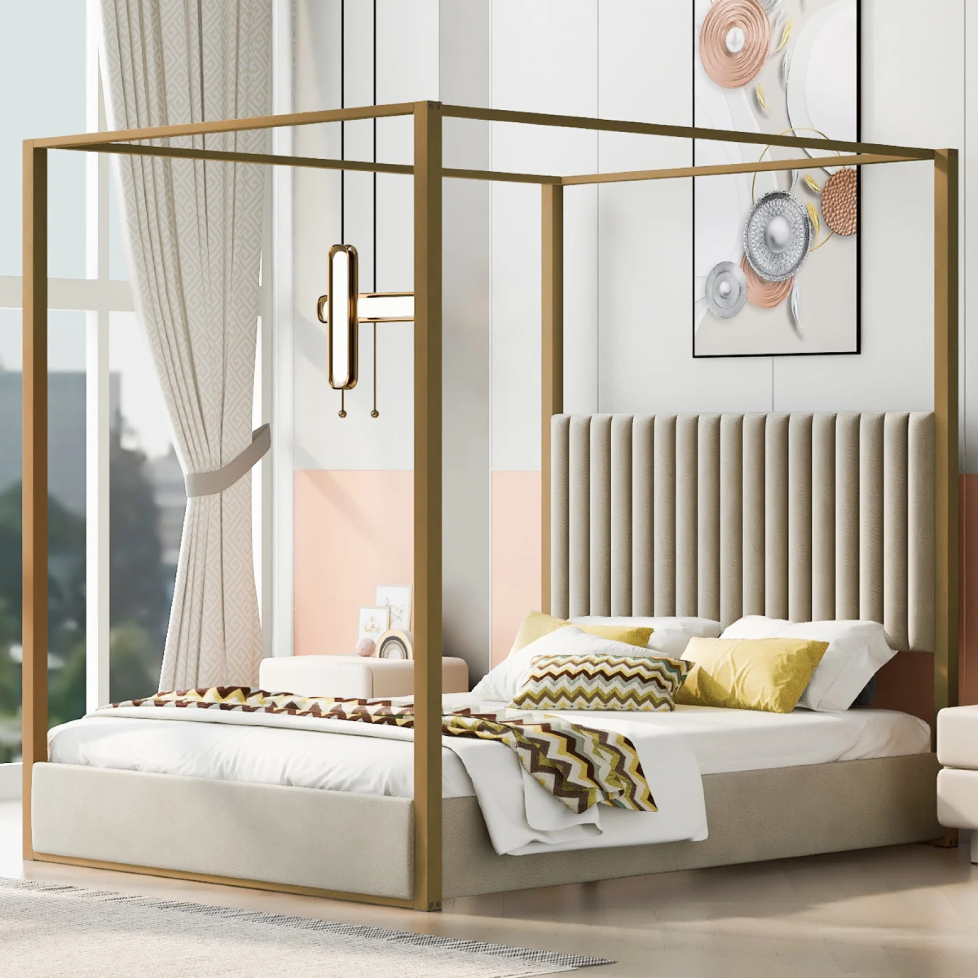 QueenSize Upholstered Canopy Platform Bed with Headboard & Metal Frame,Beige - Walmart.com | Walmart (US)