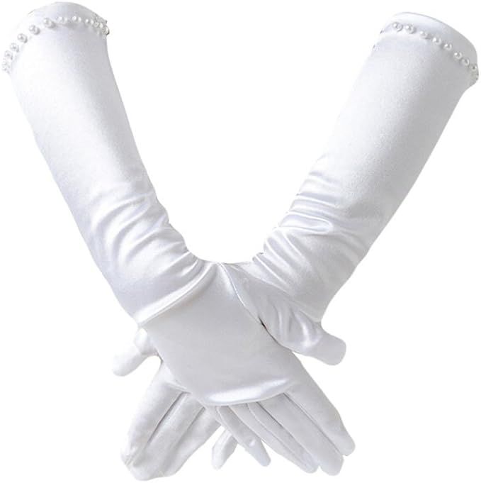 Flower Girl Pearl Long Satin Gloves Communion Birthday Wedding Glovesfor 6-10yrs | Amazon (US)