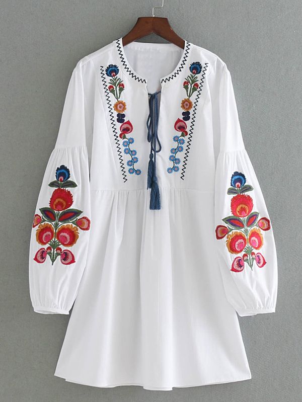 Drop Shoulder Flower Embroidery Tassel Tie Dress | SHEIN