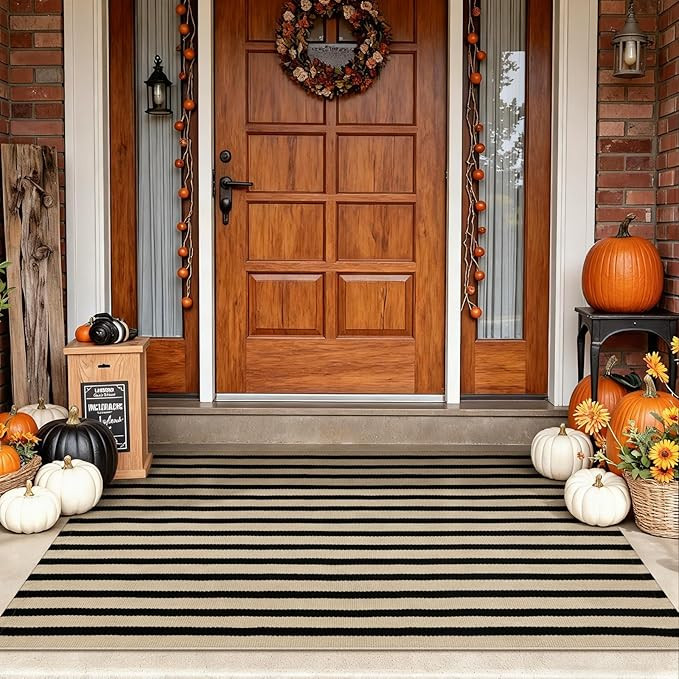 Outdoor Striped Rugs 3'x5', Black and Tan Cotton Hand Woven Front Door Mat,Washable Reversible Fr... | Amazon (US)