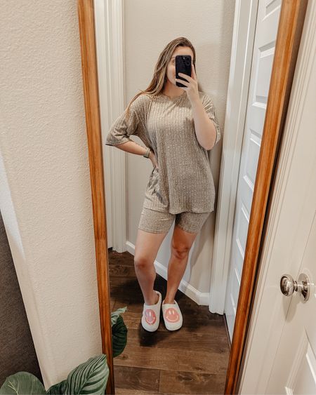 lounge set + slippers for the house 💖 slowly trying to get cuter lounge pieces cause if not I’m in a baggy shirt & sweats 🤪 which don’t get me wrong, I loveeee, but also wanna feel a little more put together but still comfy! haha 

lounge set, amazon finds, smiley face slippers, house slippers, pj set, short set, lounge wear, house attire 

#LTKHoliday #LTKGiftGuide #LTKhome