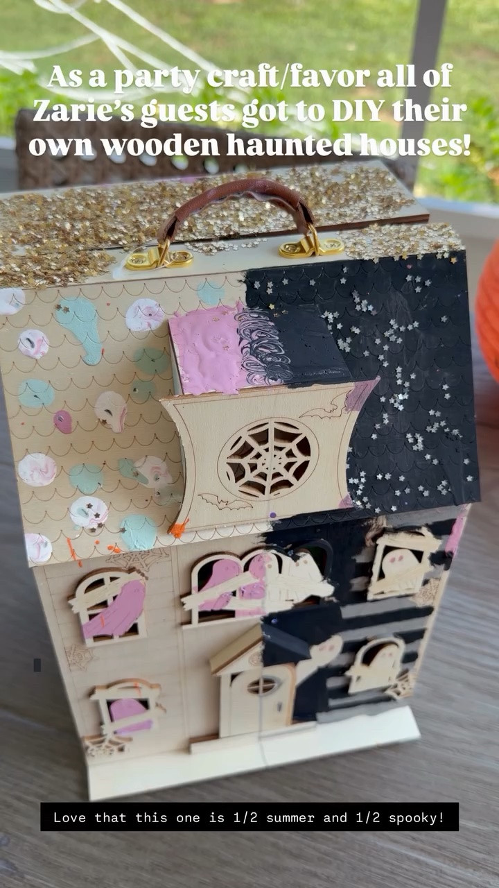 Love that this one is 1/2 summer and 1/2 spooky! As a party craft/favor all of Zarie’s guests got to DIY their own wooden haunted houses!