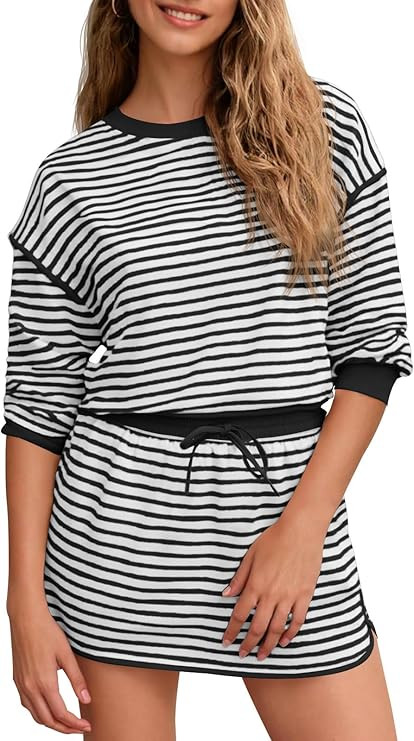 Fisoew Womens Striped 2 Piece Outfits Crewneck Workout Sets High Waist Skort Set Long Sleeve Matc... | Amazon (US)