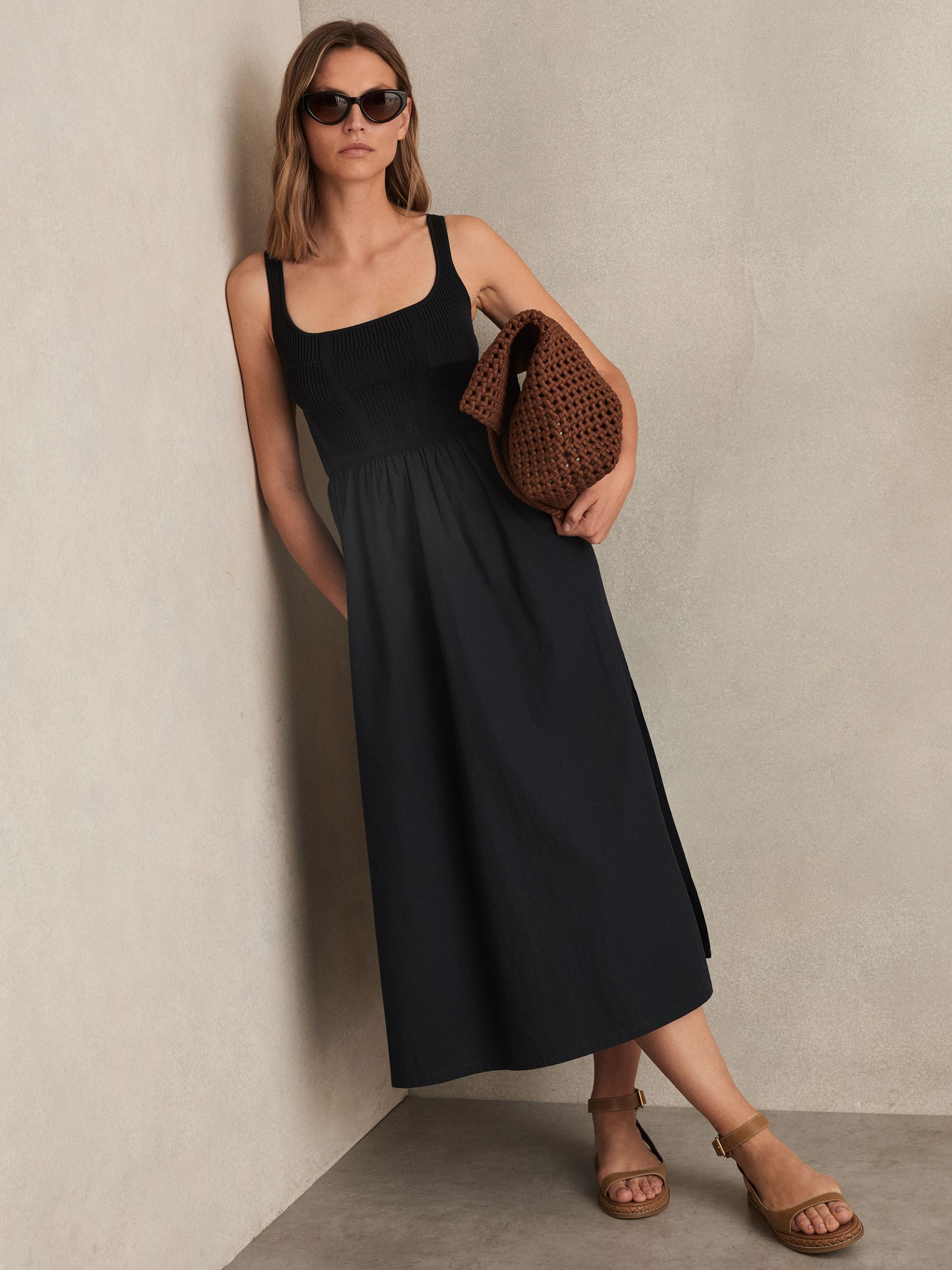 Perforated-Knit Cotton-Skirt Midi Dress in Navy | Reiss UK