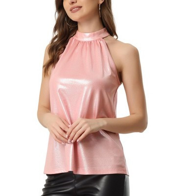 Allegra K Women's Casual Party Sparkle Sleeveless Halter Tops Pink Small | Target