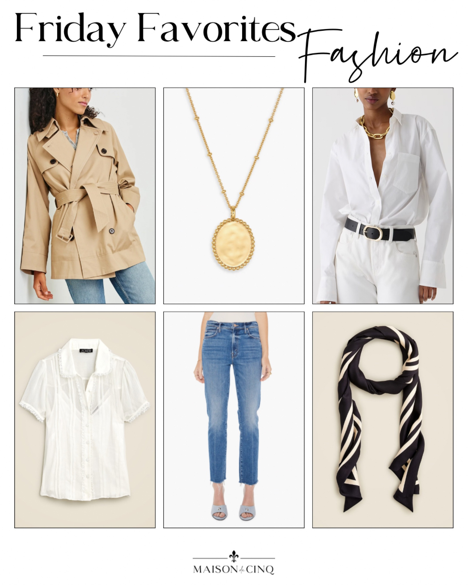 This week on Friday Favorites we’re talking French fashion faves! From the perfect white shirt, to pretty blouses, flattering jeans, the cutest cropped trench coat and more!

Spring fashion, spring outfit, French girl, work outfit, travel outfit, straight leg jeans, slim leg jeans, scarf, jewelry, necklace, earrings 

#LTKOver40 #LTKFindsUnder100