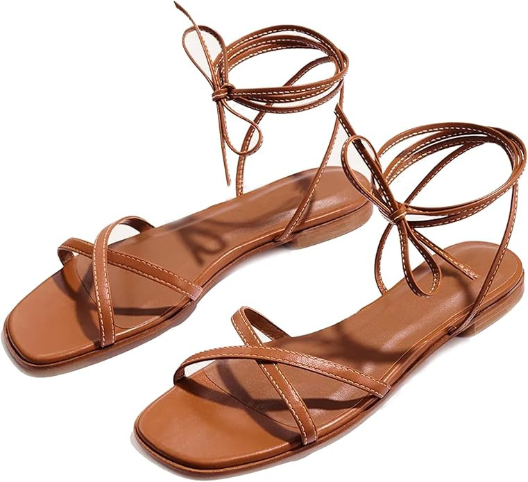 Strappy Flats Sandals for Women Comfortable Square Toe Lace Up Slides Beach Gladiator Wrap Sandal... | Amazon (US)