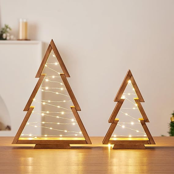 2 Pack Wooden Tabletop Christmas Trees with Lights, Modern Christmas Decorations Indoor, Farmhous... | Amazon (US)