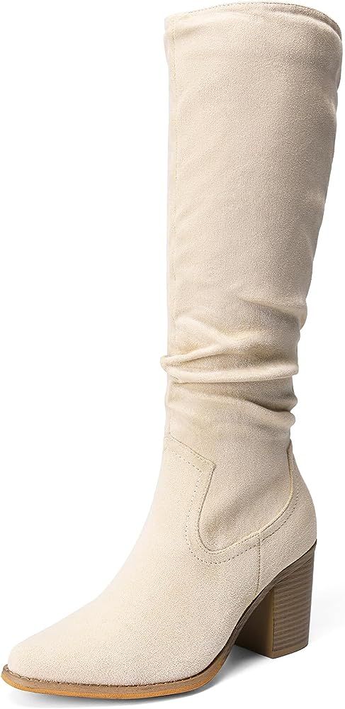 Women's Knee-High Boots, Comfortable Chunky Block Heel Pointed Toe Pull On Side Zipper Suede Slou... | Amazon (US)