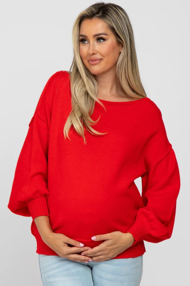 Red Boat Neck Bubble Sleeve Maternity Sweater | PinkBlush Maternity