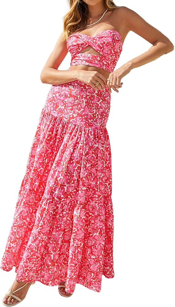 Jardinvue Floral Knot Tube Top and Large Hemline Maxi Dress | Amazon (US)