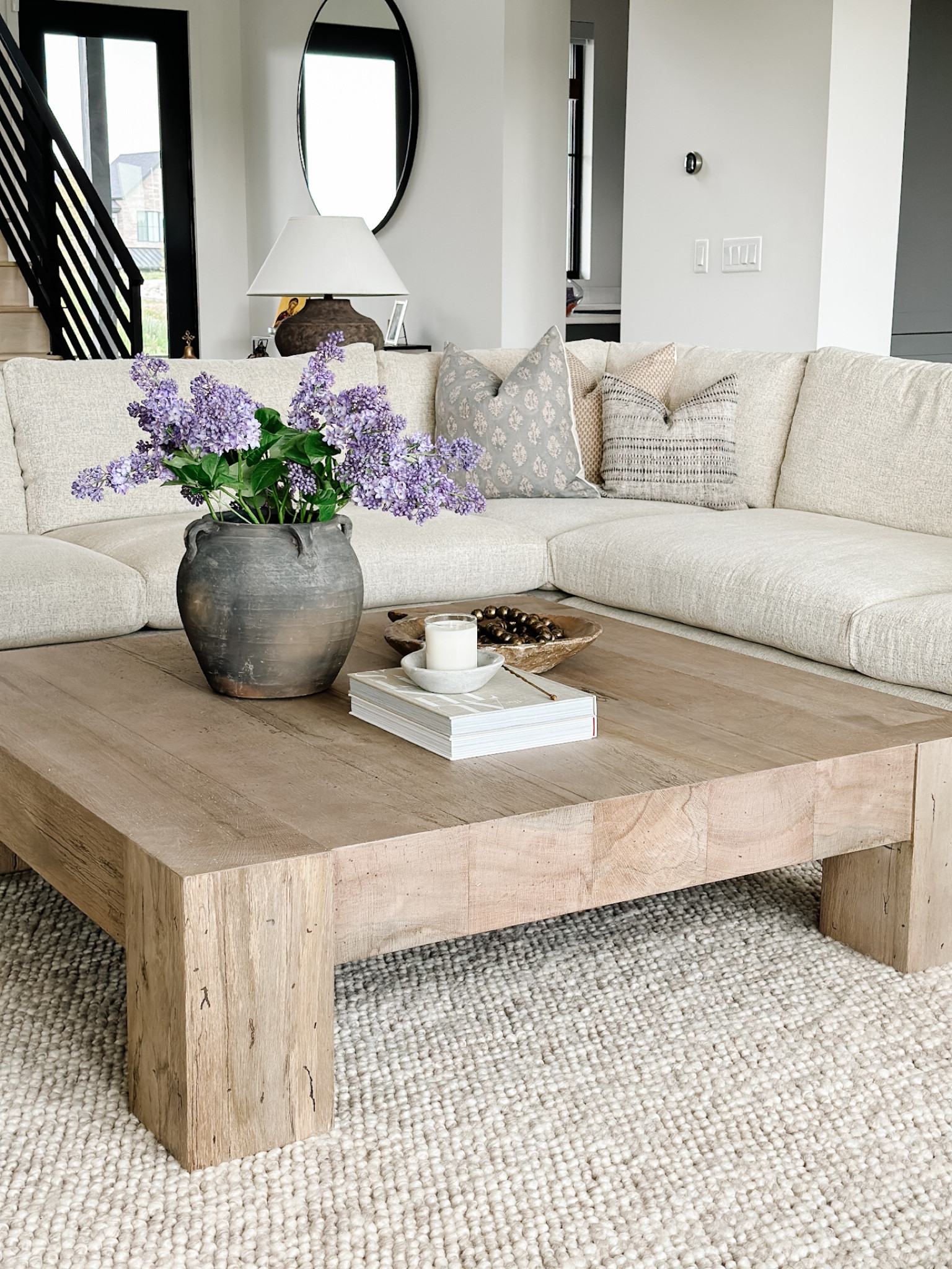 Neutral family room, neutral great room, sectional, natural wood coffee table, coffee table styling, vintage finds, vintage decor

#LTKhome