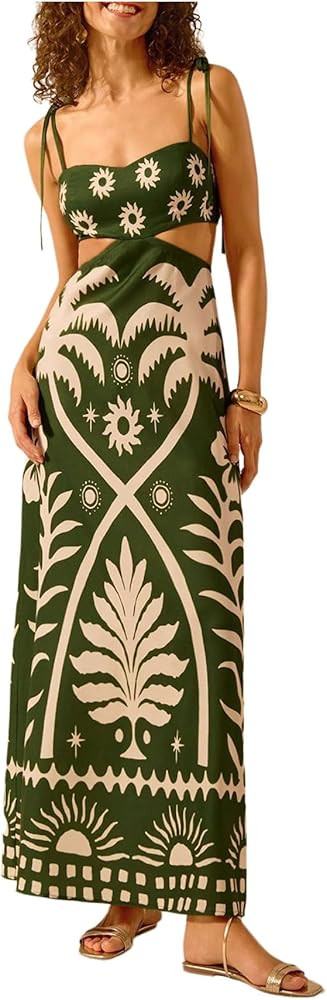 SOLY HUX Women's Summer Maxi Dress Boho Print Tie Shoulder Spaghetti Strap Cut Out Tie Back Cami ... | Amazon (US)