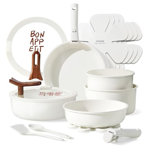 CAROTE 18Pcs Ceramic Cookware Set with Detachable Handle, Pots and Pans Set Non Stick, Non Toxic Kitchen Cooking Sets with Stand-Up Lid, PFAS and PFOA Free, Oven Safe, Induction Ready, Cream White | Amazon (US)