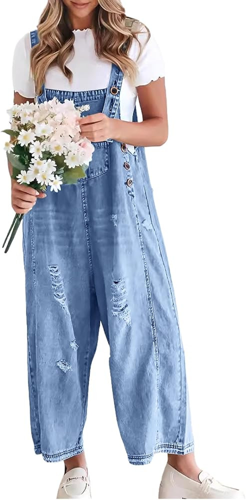 chouyatou Women Loose Adjustable Strap Denim Bib Overall Jeans Distressed Wide Leg Baggy Overalls... | Amazon (US)