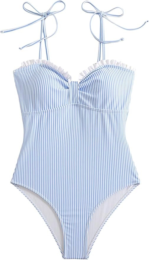 Verdusa Women's Striped Tie Shoulder One Piece Swimsuit Ruched Bust Summer Vacation Bathing Suit | Amazon (US)