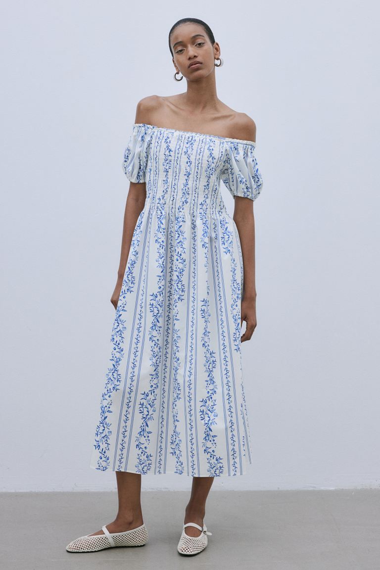 Off-the-shoulder Poplin Dress - White/blue floral - Ladies | H&M US | H&M (US + CA)
