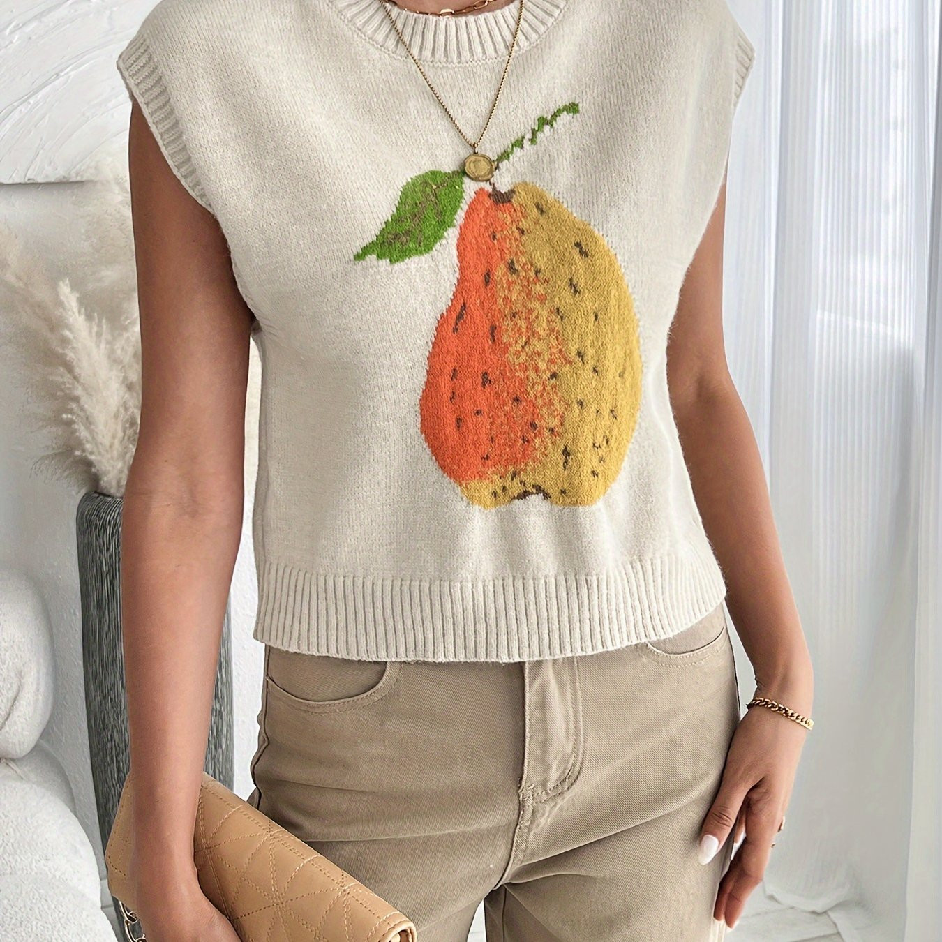 fruit pattern knitted vest versatile crew neck cap sleeve - Temu | Temu Affiliate Program
