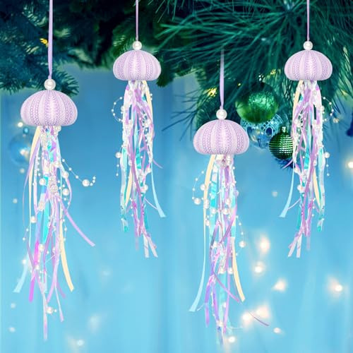 Jellyfish Ornaments for Christmas Tree 4 PCS Coastal Christmas Ornaments Natural Sea Urchin Crafts with Rope, for Christmas Tree Hanging Ornaments Beach Theme Wedding Home Decor | Amazon (US)