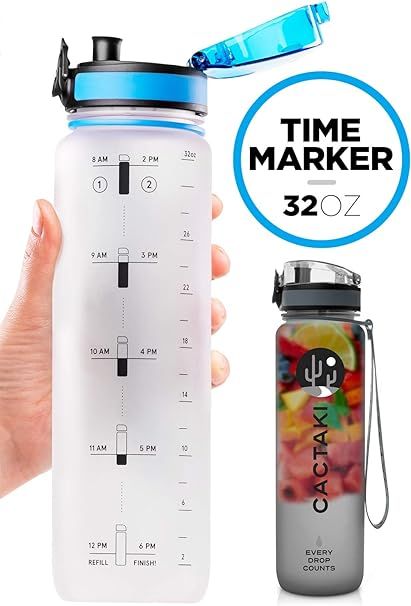 Cactaki 32oz Water Bottle with Time Marker, BPA Free Water Bottle, Non-Toxic, Leakproof, Durable,... | Amazon (US)