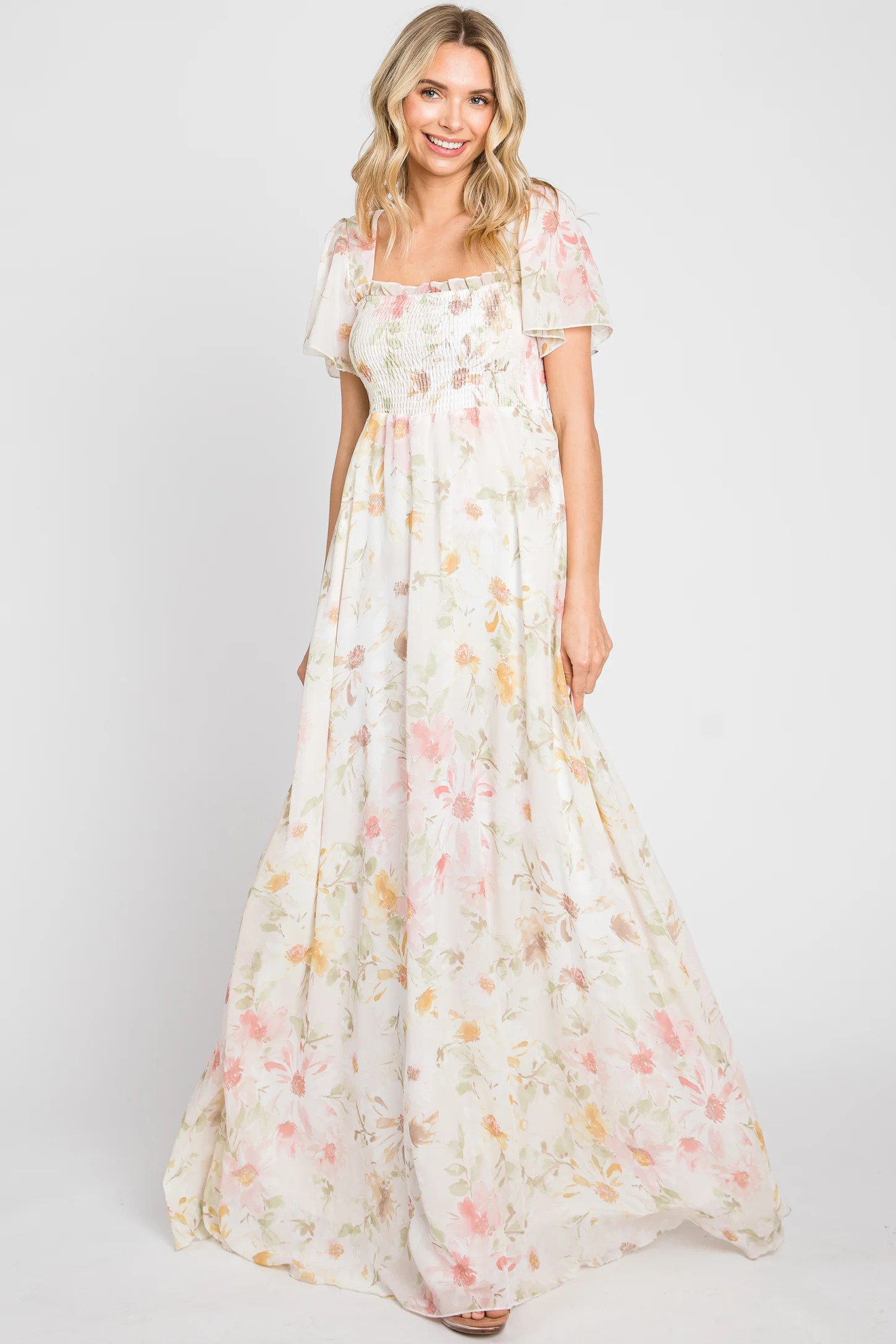 Cream Floral Chiffon Smocked Short Sleeve Maxi Dress | PinkBlush Maternity