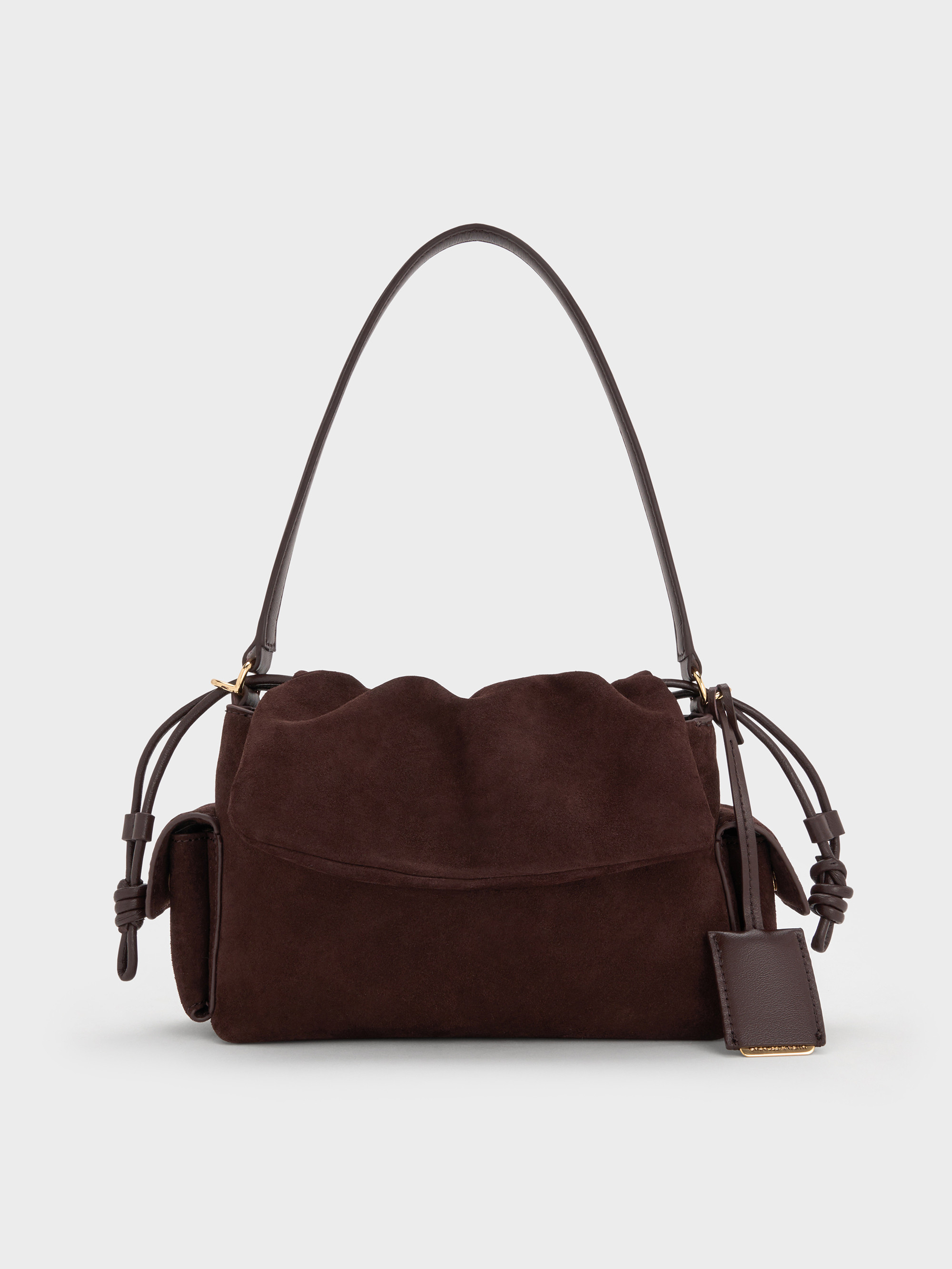 Khai Recycled Suede Ruched-Flap Side-Pocket Top Handle Bag
    
         - Espresso Brown | Charles & Keith EU