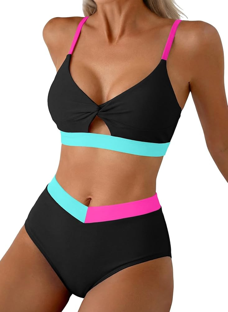 Herseas Women's Bikini Sets Twist Color Block Swimsuits 2 Piece High Waisted Bathing Suit Swim Su... | Amazon (US)