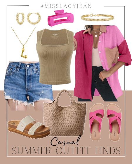 Casual summer outfit includes jean shorts, tank, button up shirt, sandals, slide sandals, tote bag, hair claw, gold jewelry.

Casual outfit, summer outfit, casual summer outfit, Amazon finds 

#LTKItBag #LTKFindsUnder50 #LTKStyleTip